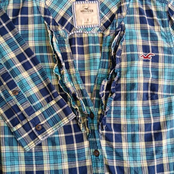 Hollister Plaid Ruffle Blouse Small long sleeve button up waist tie blue yellow - Picture 10 of 10